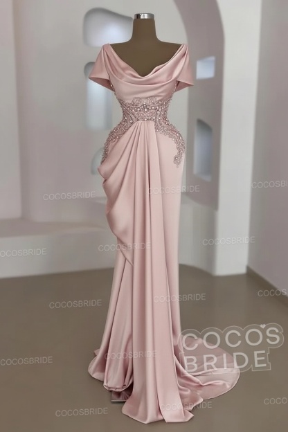 Mermaid Cowl Neck Satin Long Prom Dresses with Short Sleeves