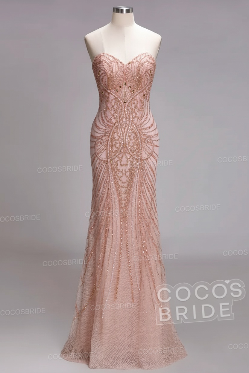 Mermaid Strapless Sweetheart Long Sequined Formal Evening Dresses with Beads