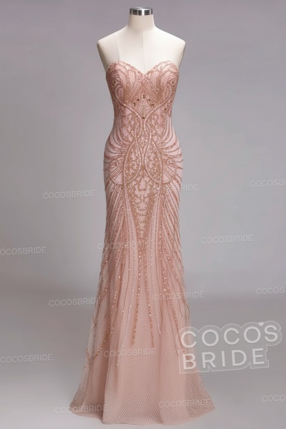 Mermaid Strapless Sweetheart Long Sequined Formal Evening Dresses with Beads