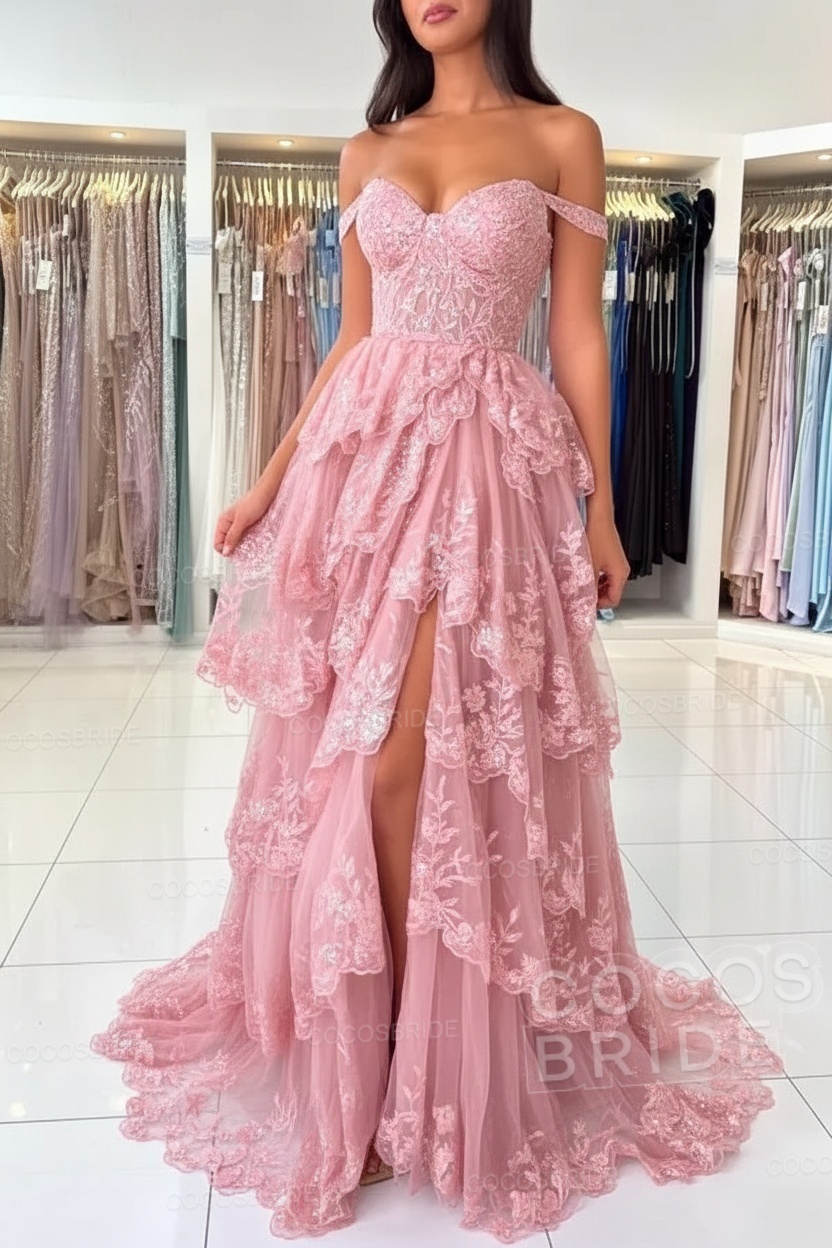 Off The Shoulder Sweetheart Lace A-Line Long Prom Dress with Slit