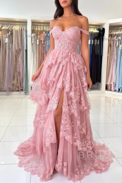 Off The Shoulder Sweetheart Lace A-Line Long Prom Dress with Slit