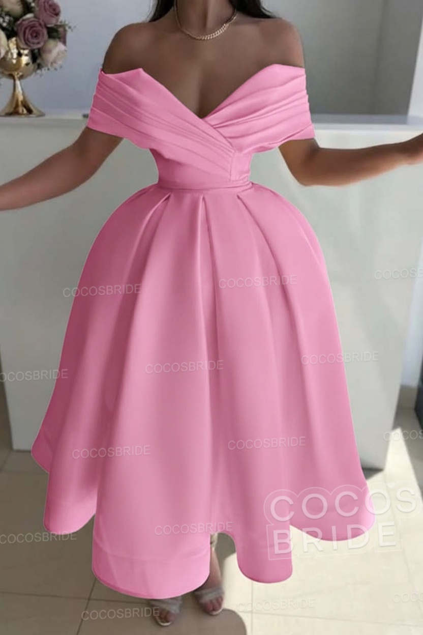 Off the Shoulder A-Line Satin Prom Dress with Pleated