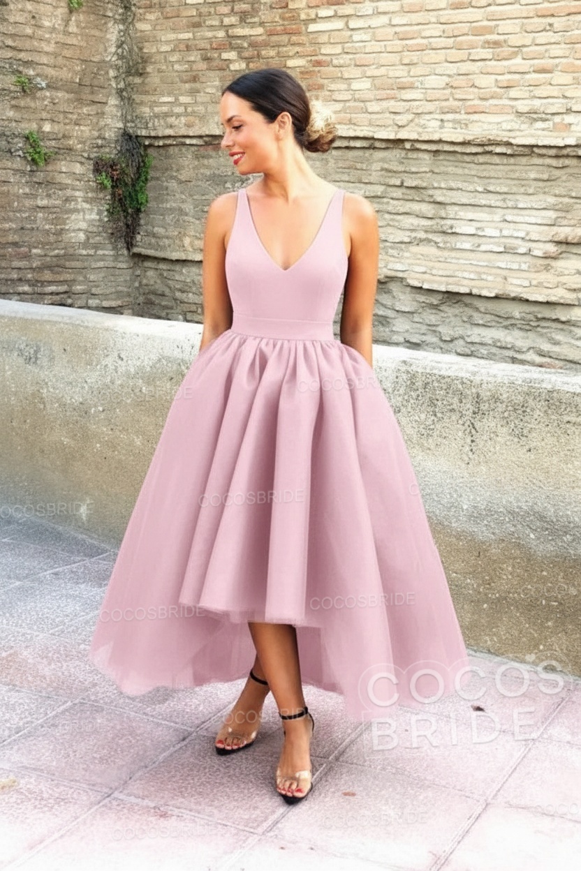 Simple Black V-neck Sleeveless Asymmetrical A-Line Prom Dresses