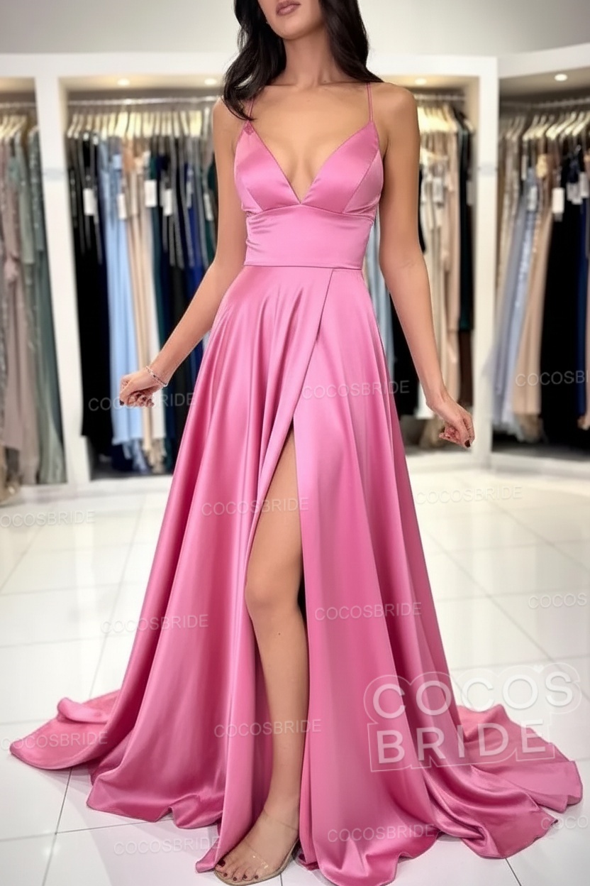 Simple Long A-line V-neck Satin Backless Formal Prom Dresses with Slit