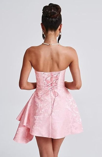 A-line Strapless Jacquard Satin Asymmetrical Lace up Sleeveless Short Homecoming Dress - CoCosBride