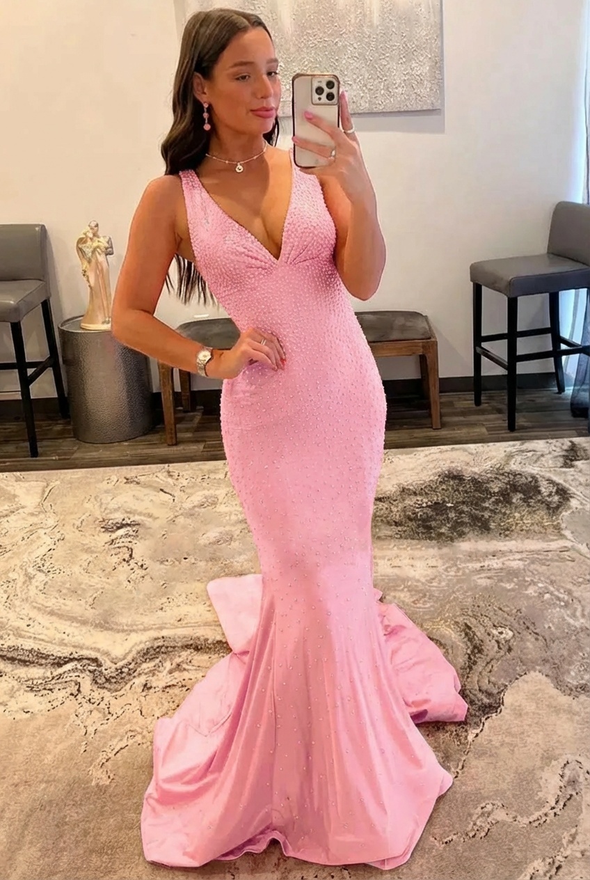 Orange Long Mermaid V neck Sequin Backless Prom Dress