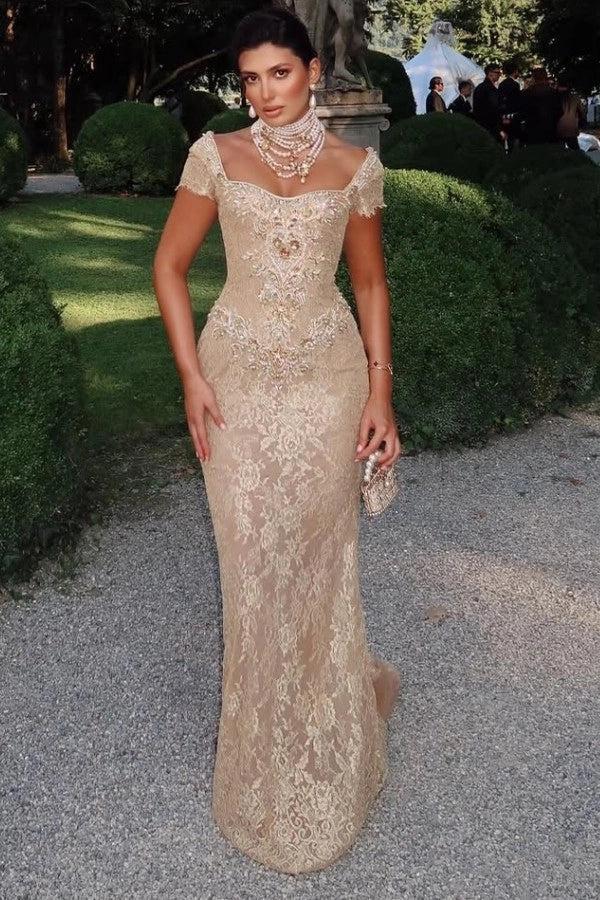 Cocosbride Cap Sleeves Long Lace Sheath Evening Dress with Rhinestones