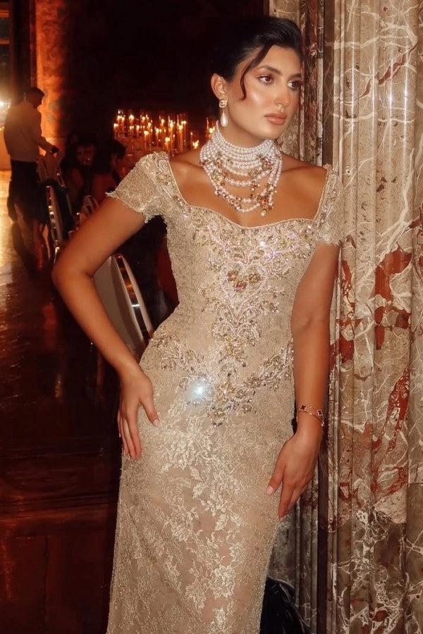 Cocosbride Cap Sleeves Long Lace Sheath Evening Dress with Rhinestones