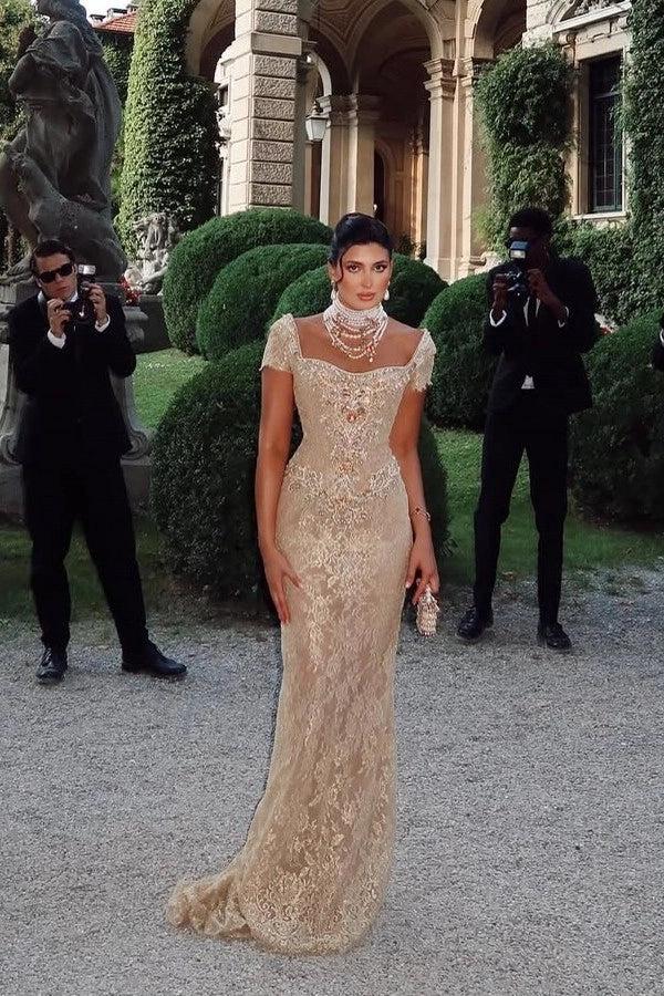 Cocosbride Cap Sleeves Long Lace Sheath Evening Dress with Rhinestones