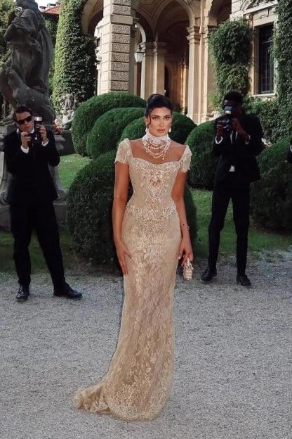 Cocosbride Cap Sleeves Long Lace Sheath Evening Dress with Rhinestones