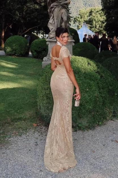 Cocosbride Cap Sleeves Long Lace Sheath Evening Dress with Rhinestones