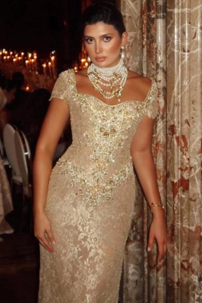 Cocosbride Cap Sleeves Long Lace Sheath Evening Dress with Rhinestones