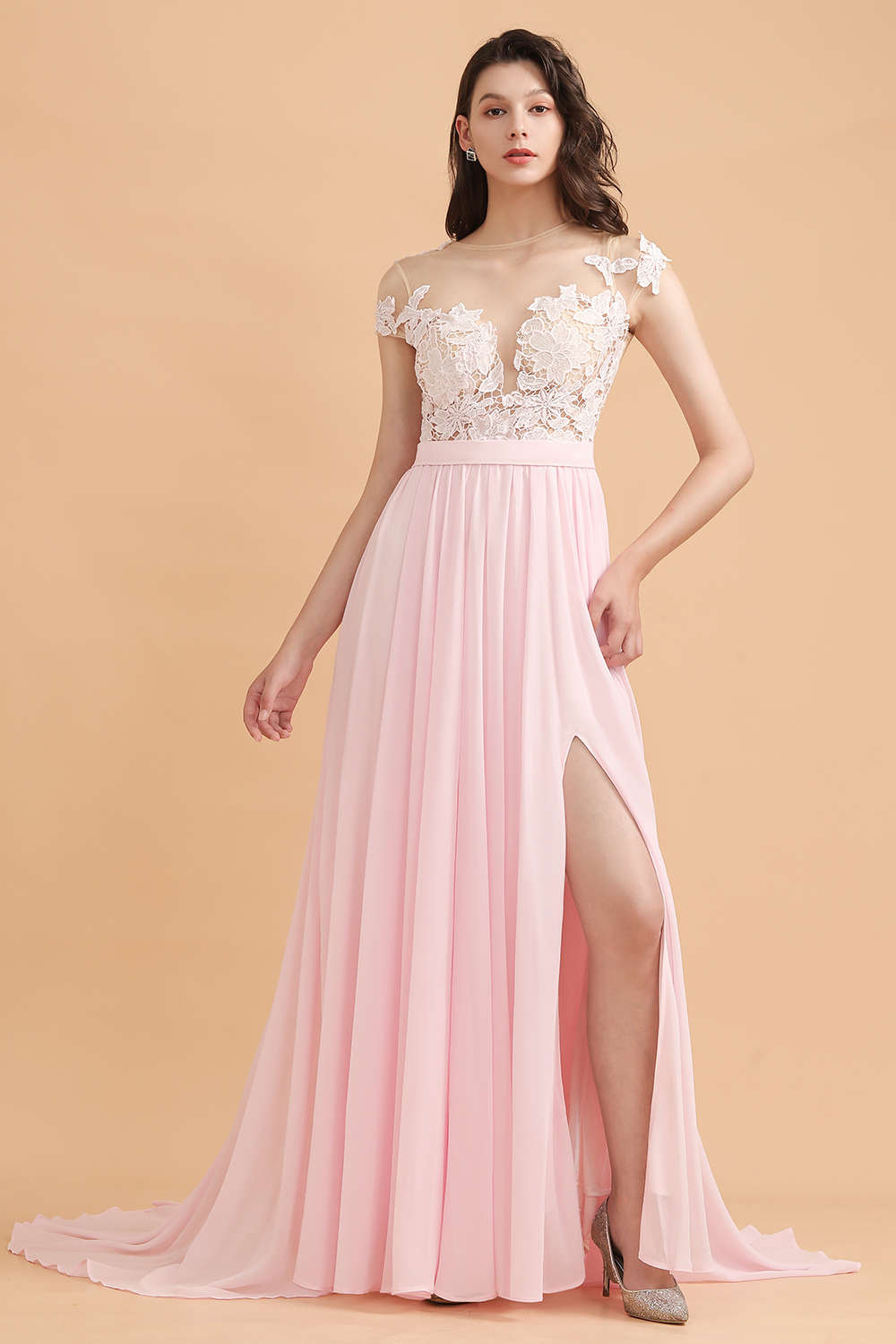 Cap Sleeves Lace Appliques A-Line Chiffon Bridesmaid Dress With Side Slit