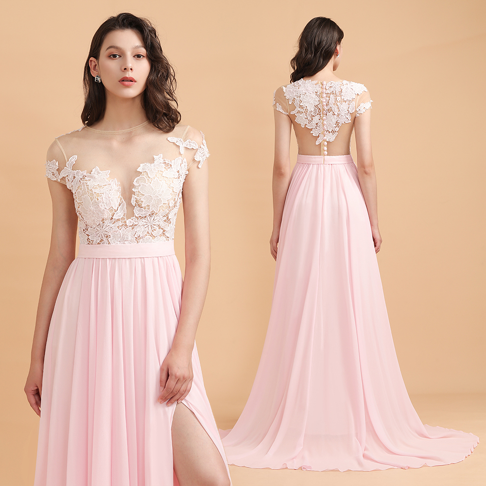 Cap Sleeves Lace Appliques A-Line Chiffon Bridesmaid Dress With Side Slit