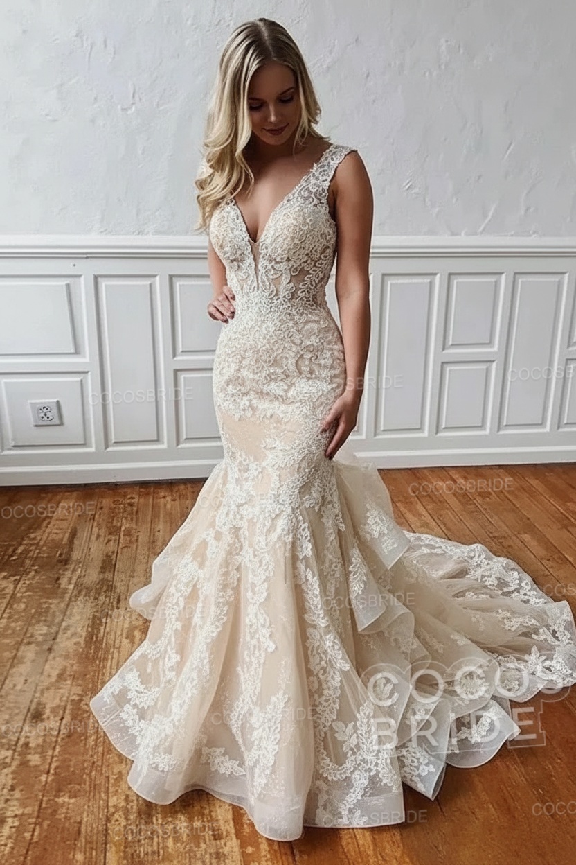 Long V Neck Sleeveless Backless Covered Button Mermaid Wedding Dresses