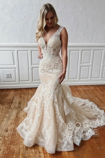 Long V Neck Sleeveless Backless Covered Button Mermaid Wedding Dresses
