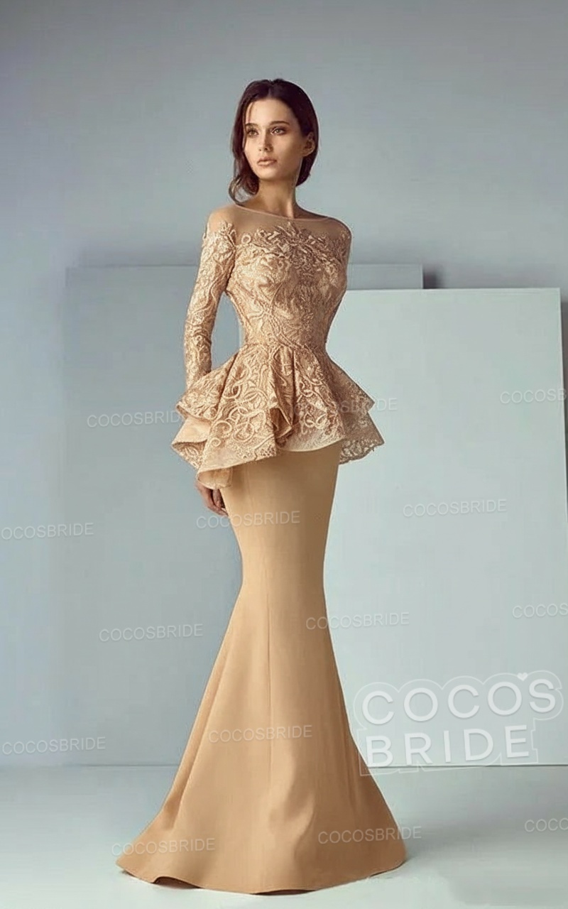 Modest Long Mermaid Lace Satin Formal Prom Dresses with Sleeves