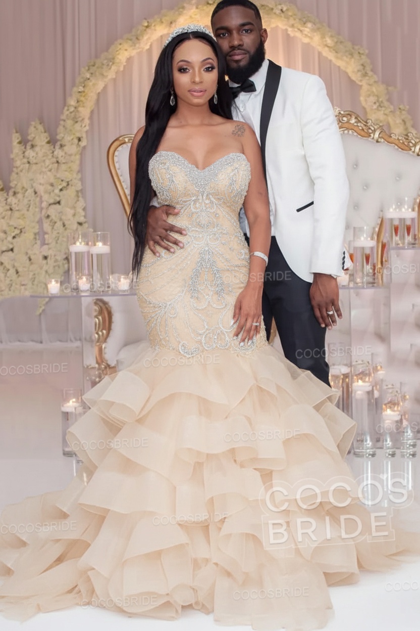 Luxury Long Strapless Ruffles Beaded Mermaid Wedding Dress