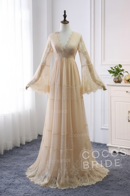 Elegant Long Sleeves A-line V-Neck Tulle Wedding Dresses