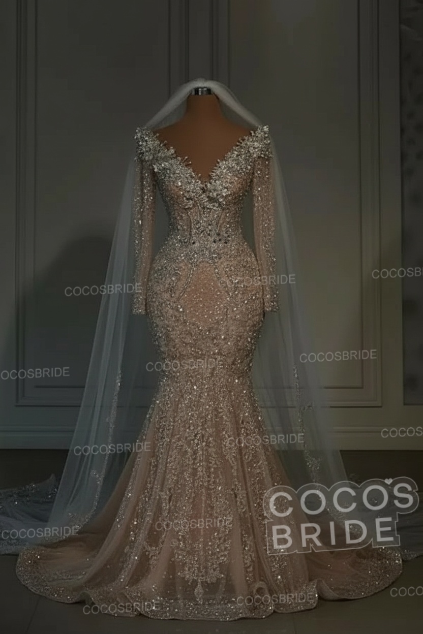 Luxury Long Mermaid Sweetheart Sequined Wedding Dresses with Sleeves