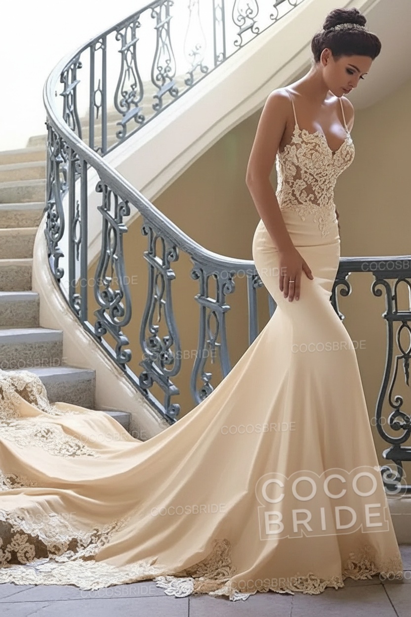 Long Mermaid Spaghetti Strap Sweetheart Lace Backless Wedding Dresses