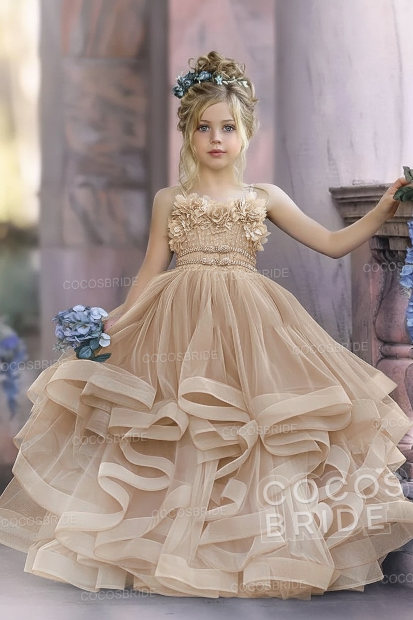 Cute Dusty Blue Long Spaghetti Straps Strapless Tulle Princess Flower Girl Dresses