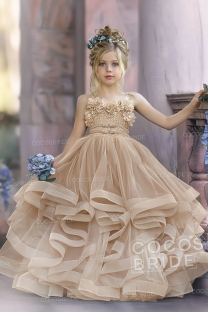 Cute Dusty Blue Long Spaghetti Straps Strapless Tulle Princess Flower Girl Dresses