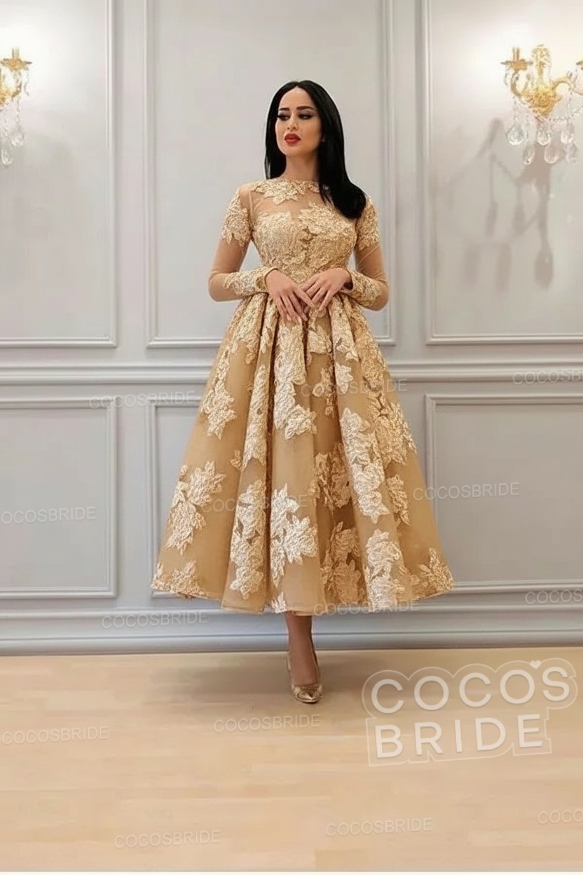 Elegant Short A-line High Neck Lace Ankle Length Formal Evening Dress with Sleeves