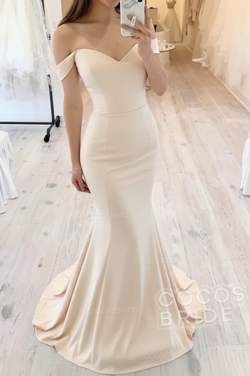 Long Mermaid Off the Shoulder Floor Length Satin White Wedding Dresses