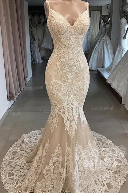 Elegant Long Sweetheart Open Back Appliques Lace Tulle Mermaid Wedding Dress