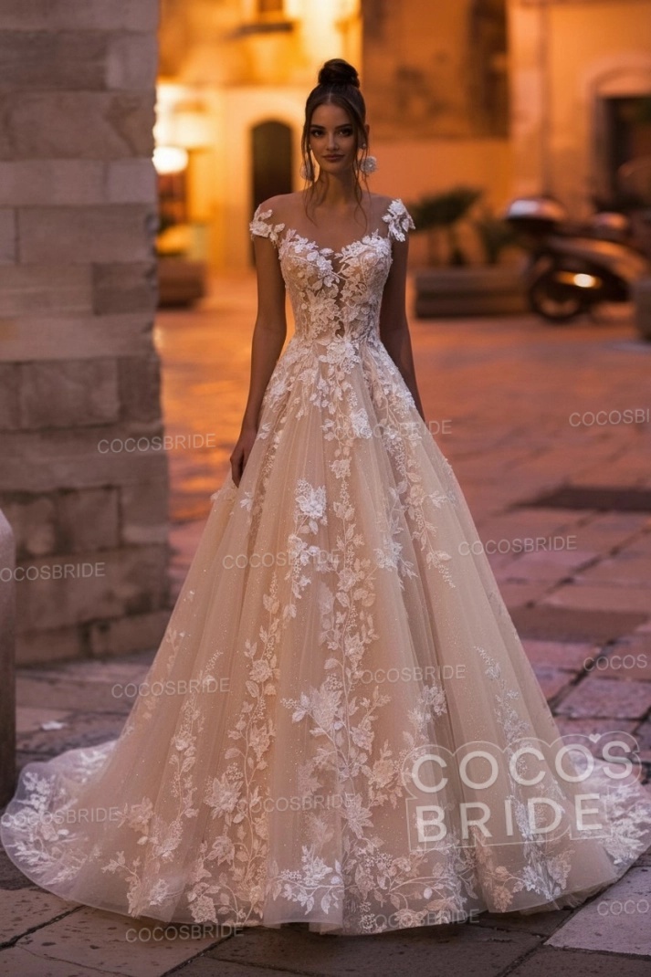 Elegant A-Line Bateau Appliques Lace Backless Floor Length Sequins Wedding Dress