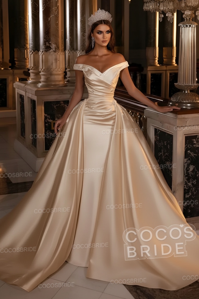 Gorgeous Long Mermaid Off the Shoulder Satin Wedding Dress