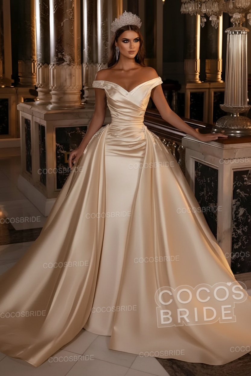 Gorgeous Long Mermaid Off the Shoulder Satin Wedding Dress