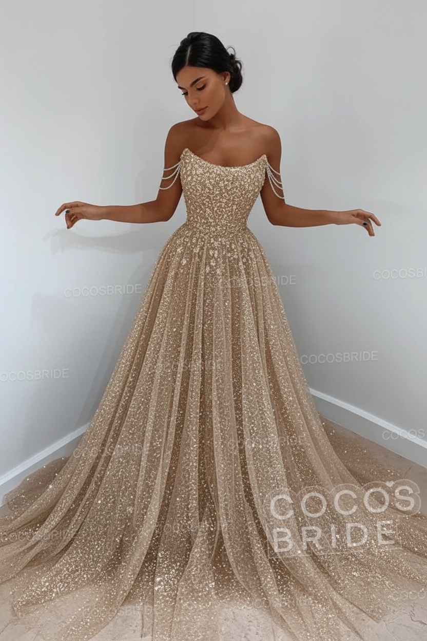 Long A-line Sparkly Sleeveless Sequined Formal Prom Dress