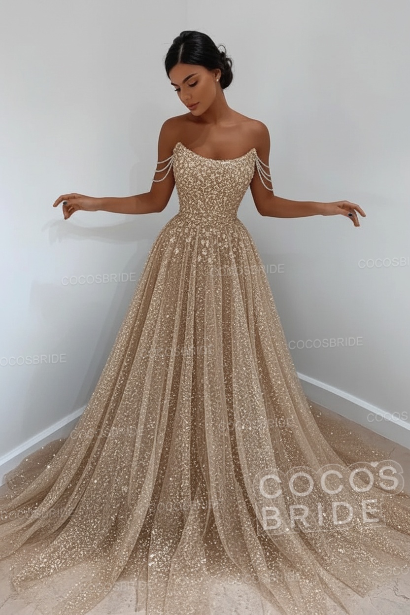 Long A-line Sparkly Sleeveless Sequined Formal Prom Dress