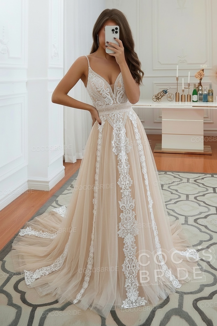 Long A-line Ruffles Open Back Tulle Lace Wedding Dress