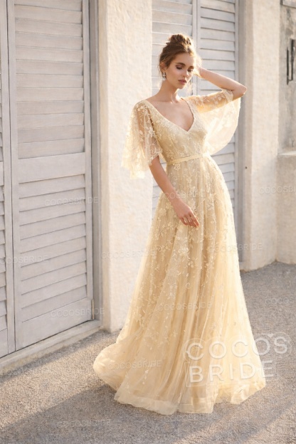 Long A-line V Neck Half Sleeves Lace Backless Boho Wedding Dresses
