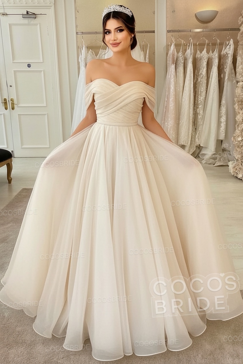 Long A-line off the Shoulder White Wedding Dress