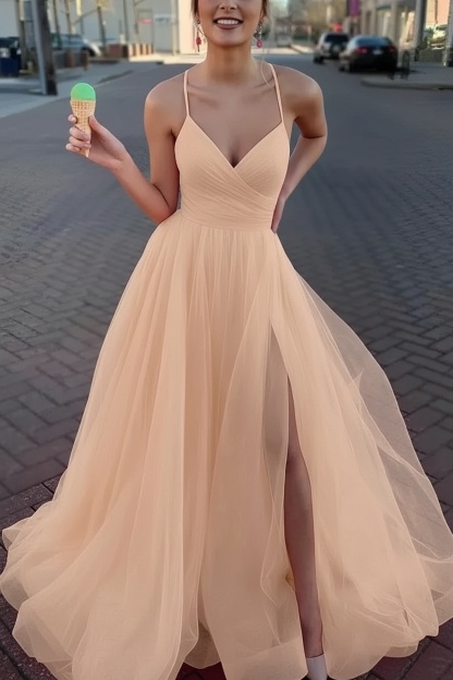 Long Spaghetti Straps V-neck A-Line Tulle Prom Dress With Side Slit