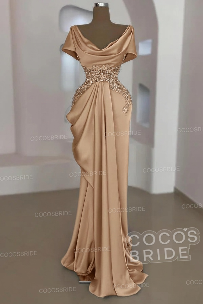 Mermaid Cowl Neck Satin Long Prom Dresses with Short Sleeves
