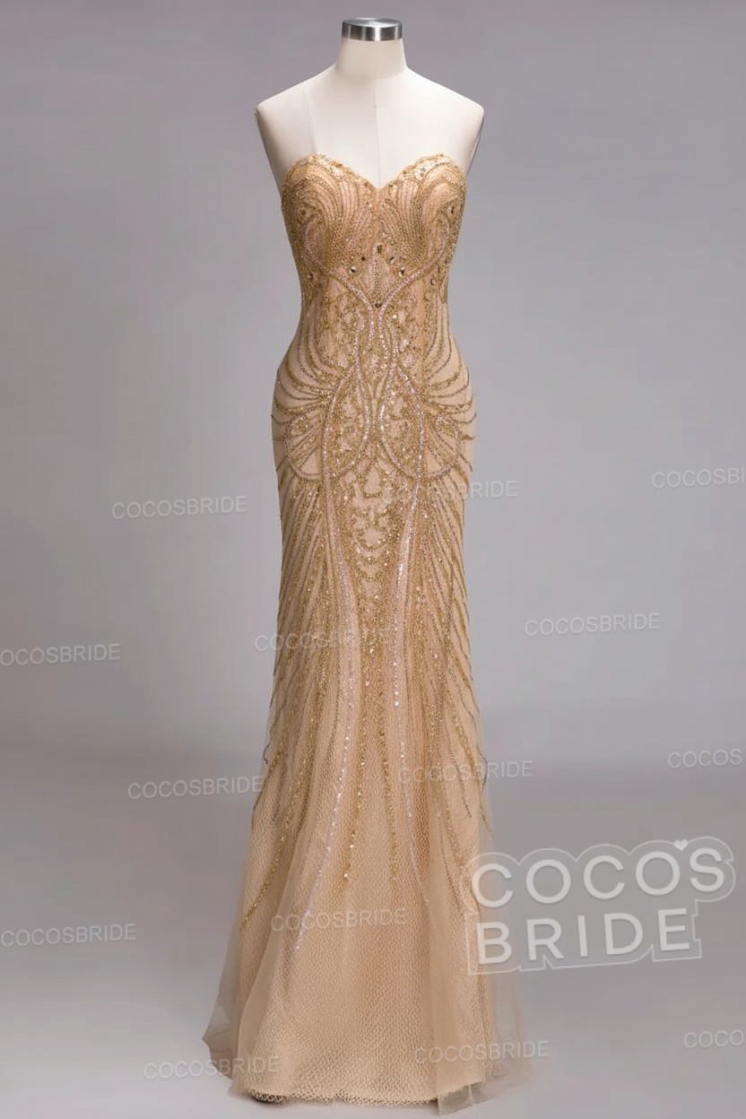 Mermaid Strapless Sweetheart Long Sequined Formal Evening Dresses with Beads