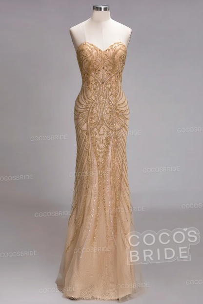 Mermaid Strapless Sweetheart Long Sequined Formal Evening Dresses with Beads