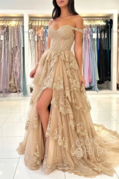 Off The Shoulder Sweetheart Lace A-Line Long Prom Dress with Slit