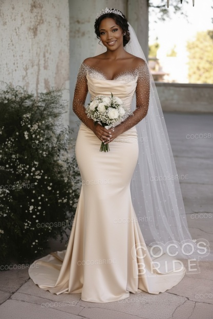 Off-the-Shoulder Long Mermaid Wedding Dresses with Beaded