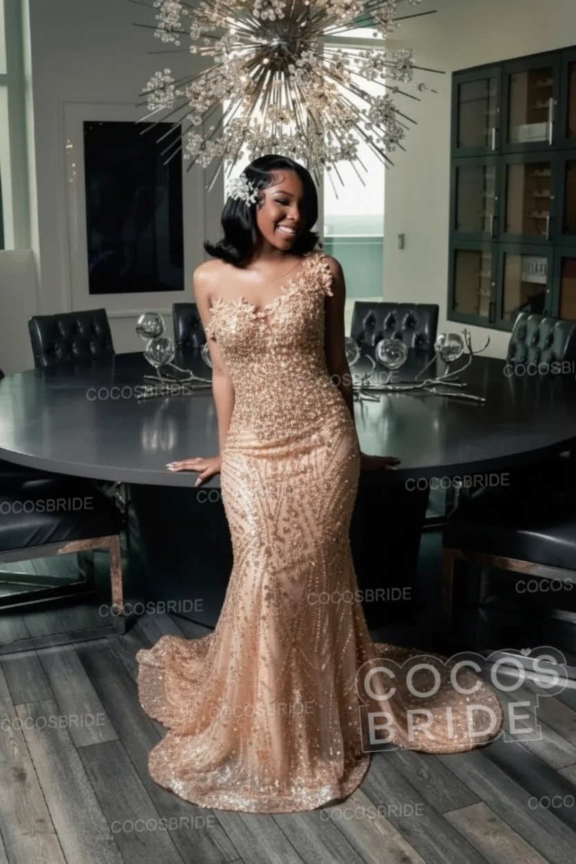 One Shoulder Sleeveless Mermaid Prom Dress with Beaded