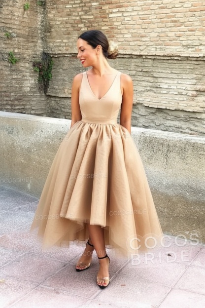 Simple Black V-neck Sleeveless Asymmetrical A-Line Prom Dresses