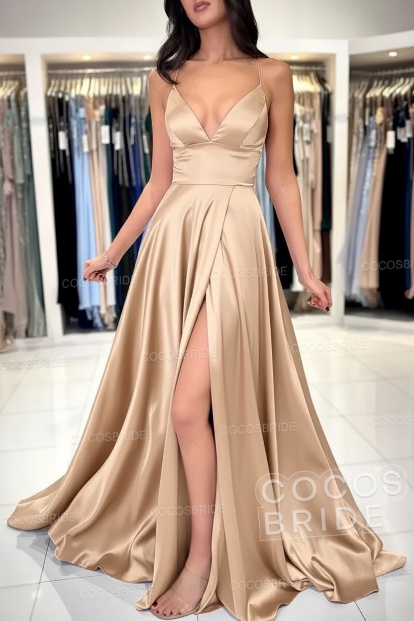 Simple Long A-line V-neck Satin Backless Formal Prom Dresses with Slit
