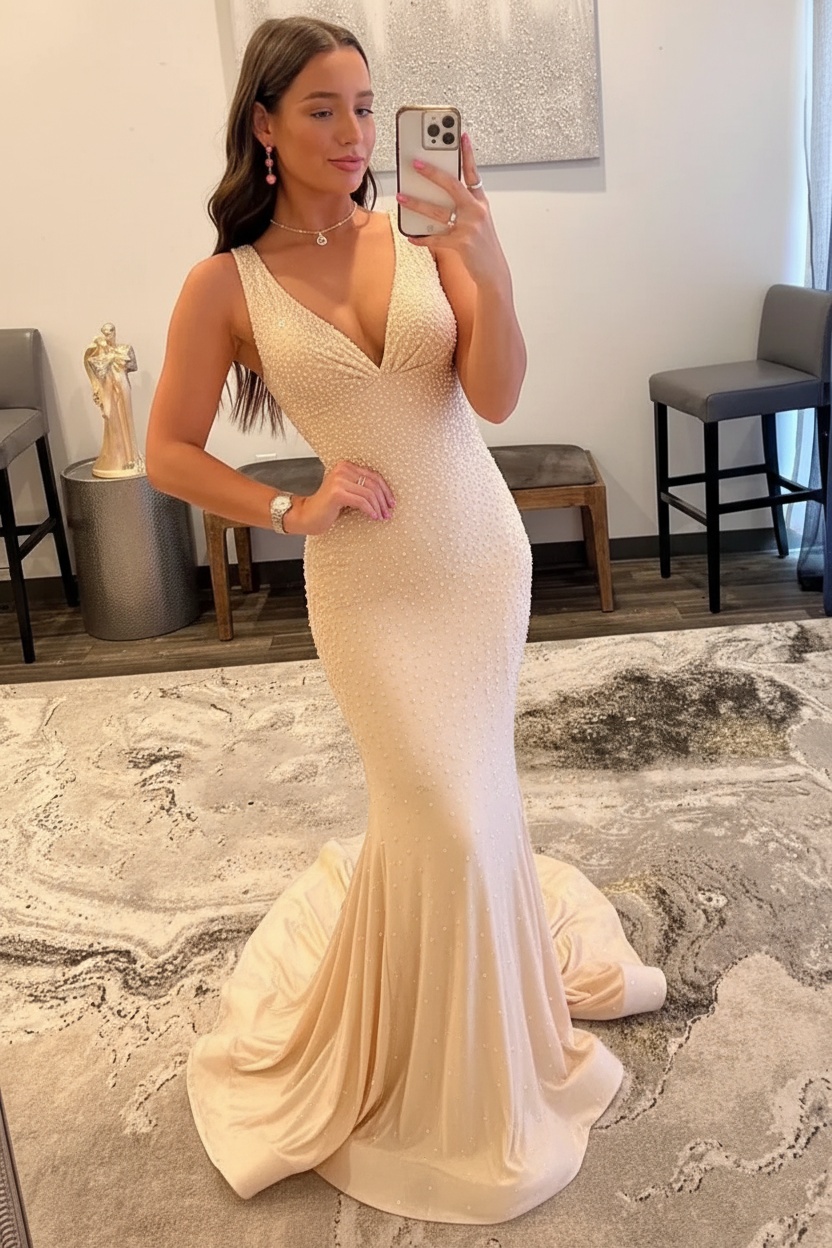 Orange Long Mermaid V neck Sequin Backless Prom Dress