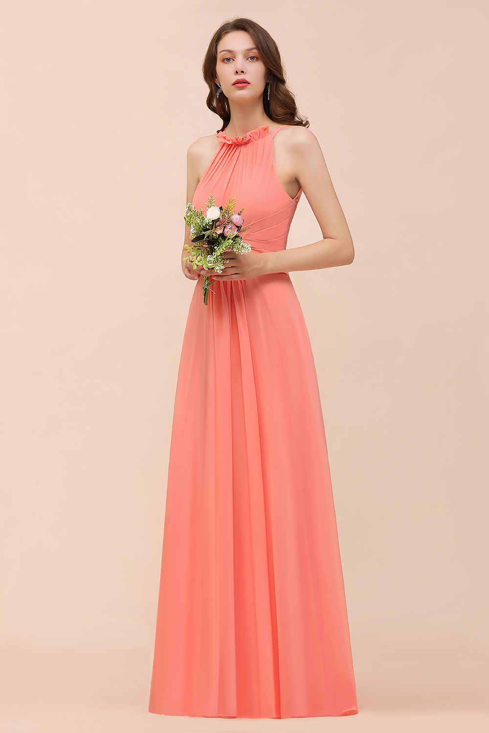 Charming Coral Chiffon Sleeveless A-Line Halter Floor-length Bridesmaid Dresses