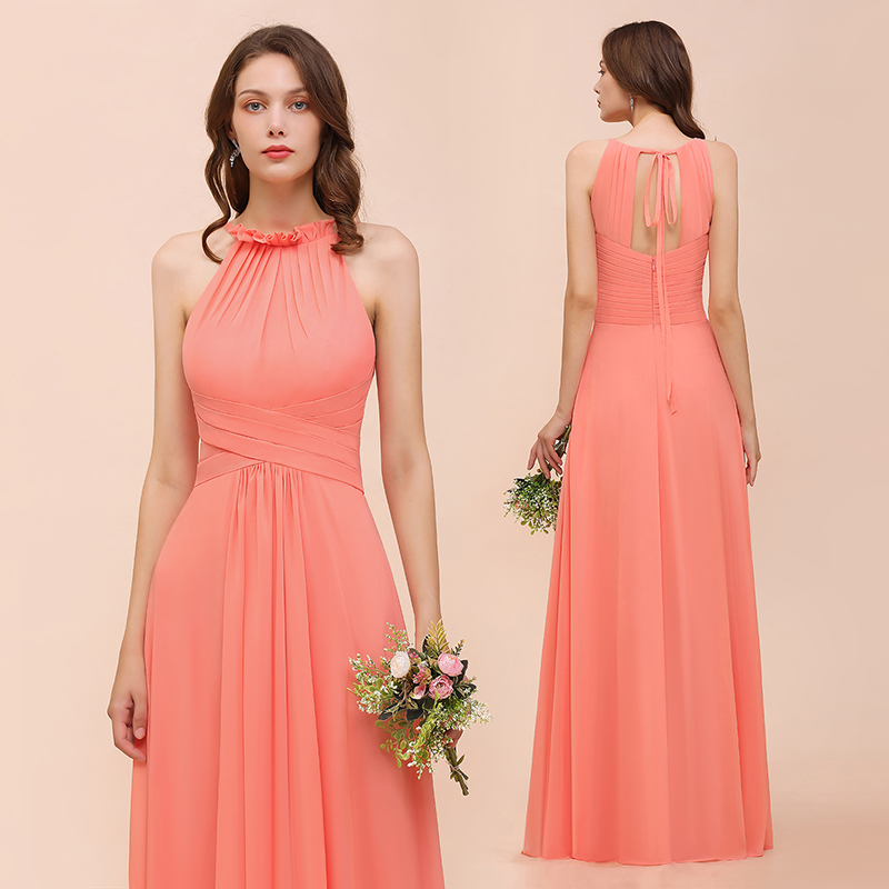 Charming Coral Chiffon Sleeveless A-Line Halter Floor-length Bridesmaid Dresses